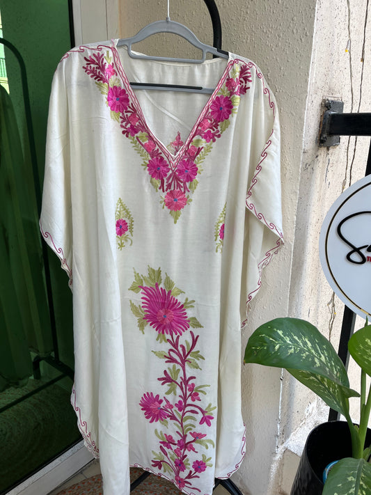 Crush Cotton Aariwork Kaftan - White
