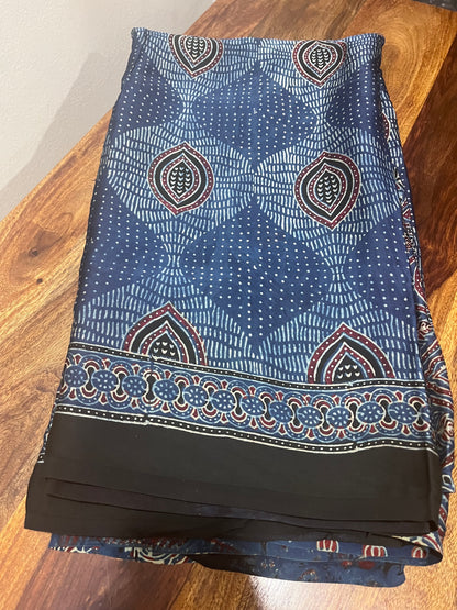 Ajrakh Modal Silk Saree - Indigo