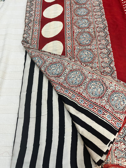Contemporary Ajrakh Modal Silk Saree - Black Stripes with Red Palla