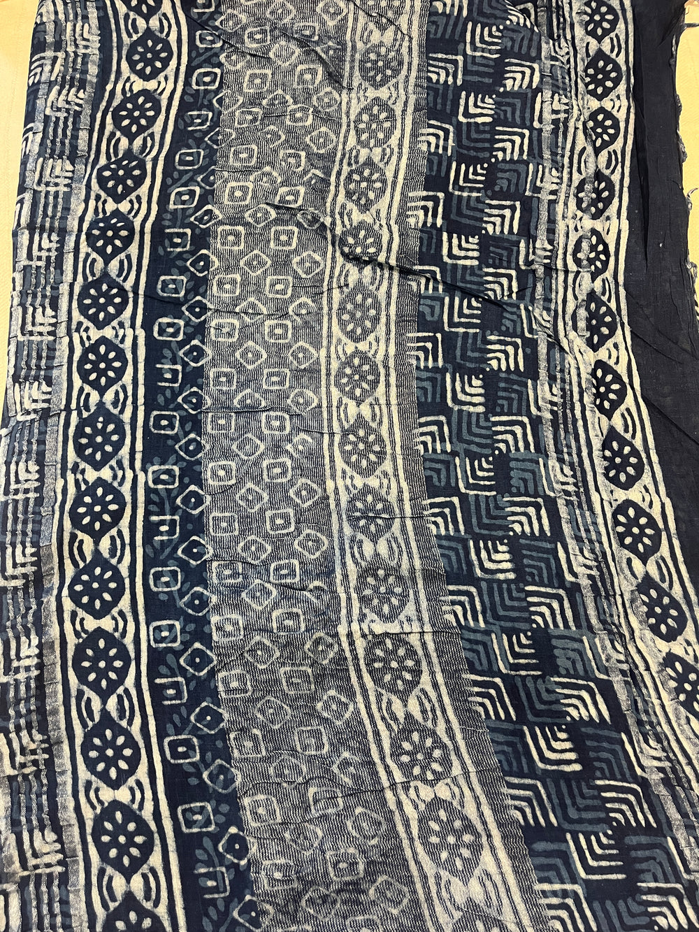 Indigo Handblock Linen Cotton Saree