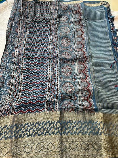 Indigo Ajrakh Dola Silk Saree - Floral Motifs (with tassels)