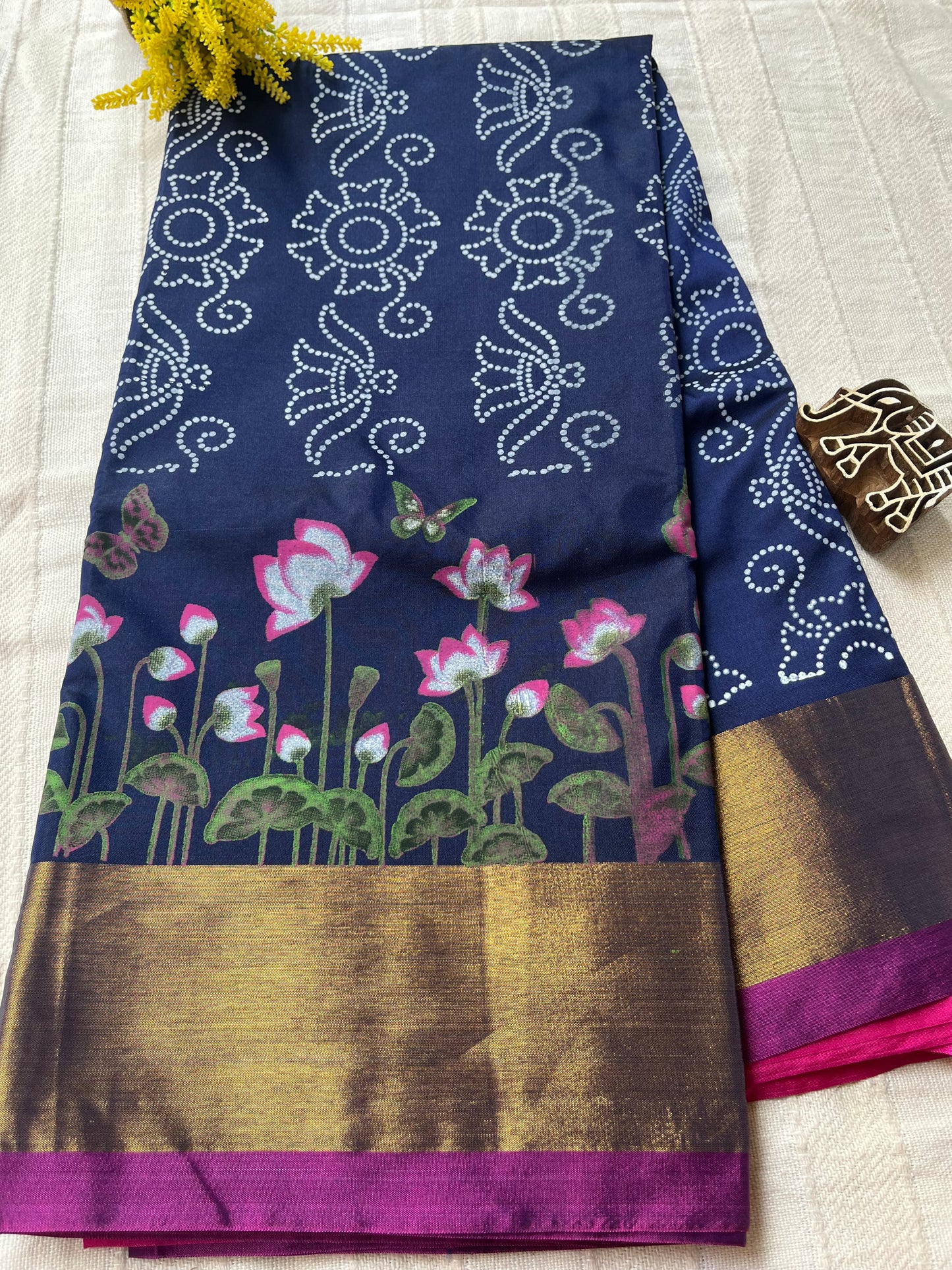 Kalamkari Printed Nelluri Silk Saree - Navy Blue