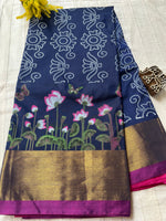 Kalamkari Printed Nelluri Silk Saree - Navy Blue