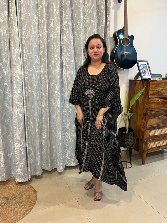 Ajrakh Modal Silk Kaftan - Black Polka Dots