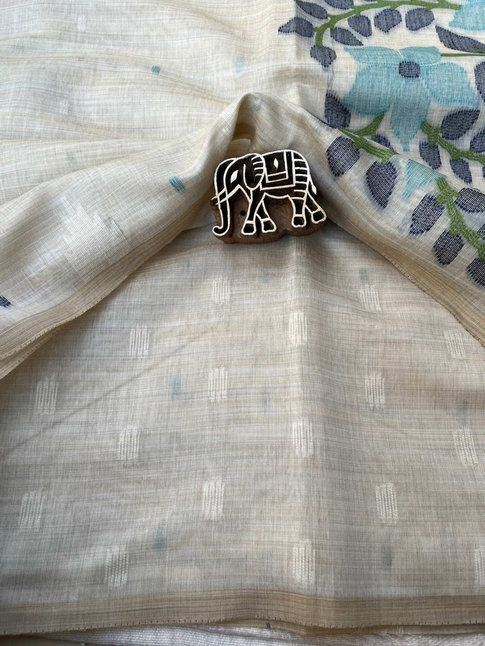 Chanderi Cotton Jamdani Saree - Ivory-Sky Blue Flower Weaving