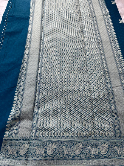 Mercerised Cotton Saree with Cow Weaving - Teal Blue