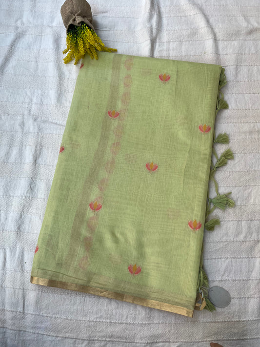 Chanderi Cotton Jamdani Saree - Pastel Green Lotus Motifs