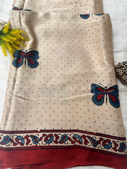 Titli Ajrakh Modal Silk Saree - Beige Red