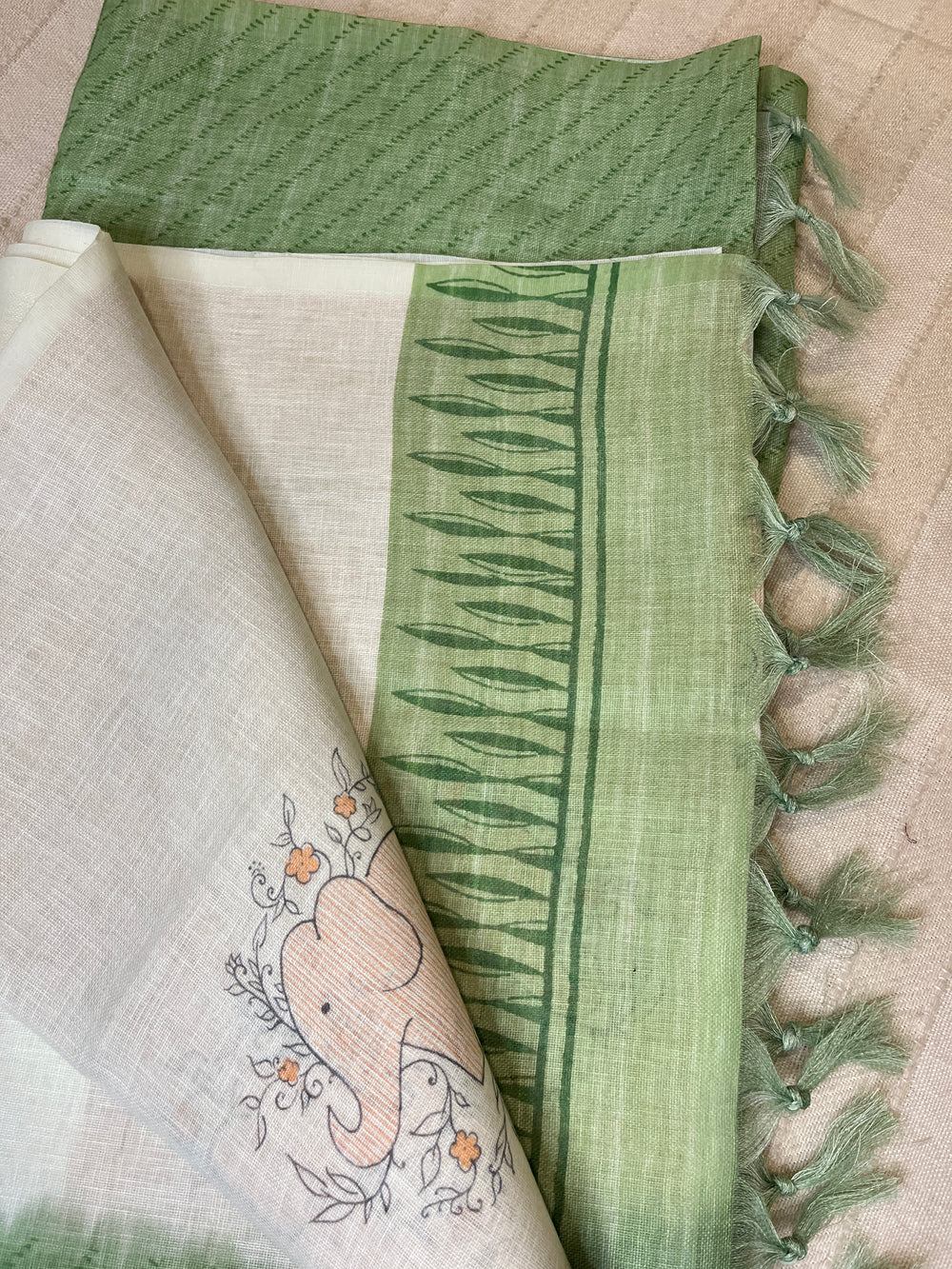 Quirky Linen Cotton Saree - Green Elephants
