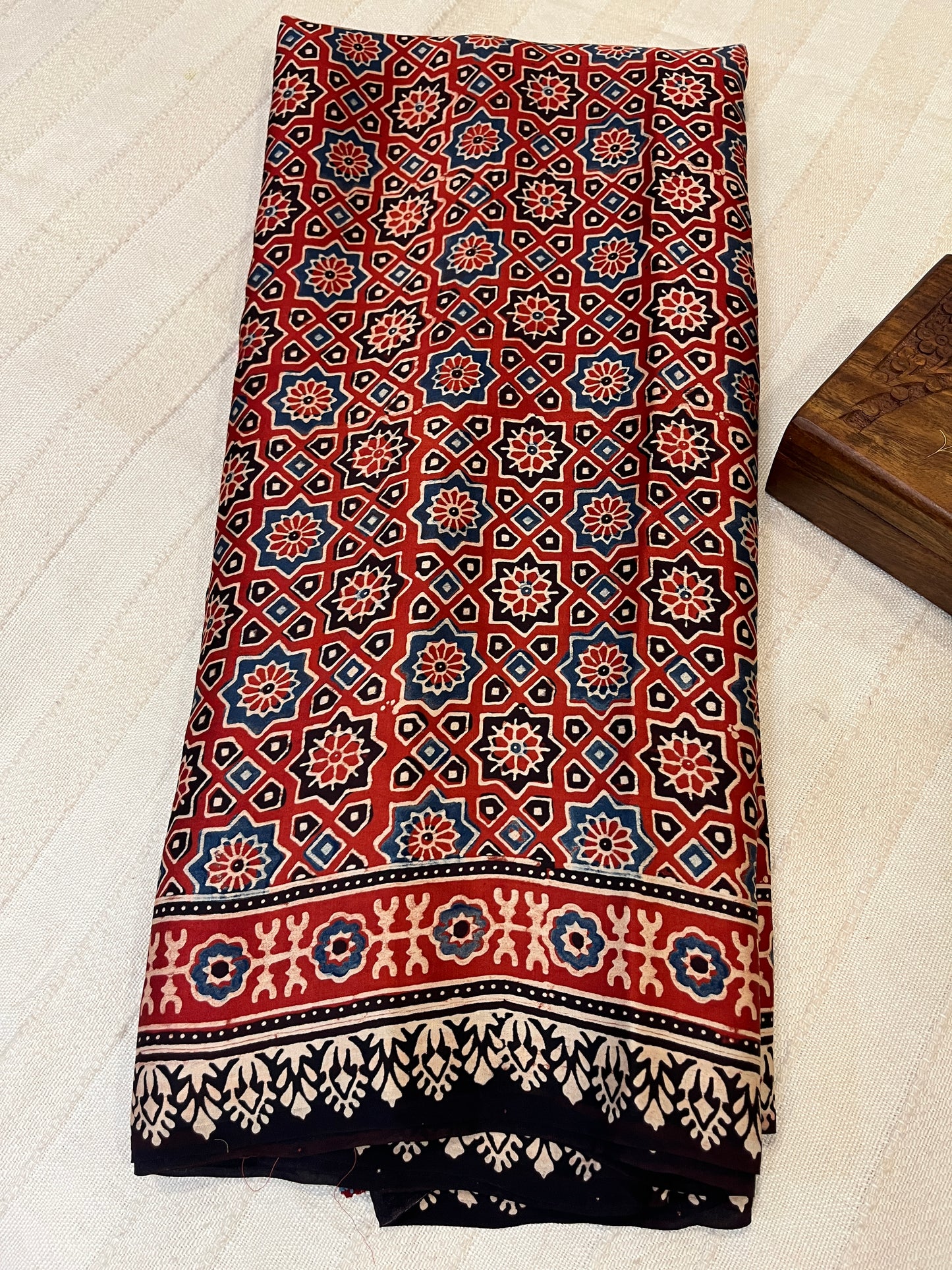 Classic Ajrakh Modal Silk Saree - Red with Indigo Palla (with tassels)