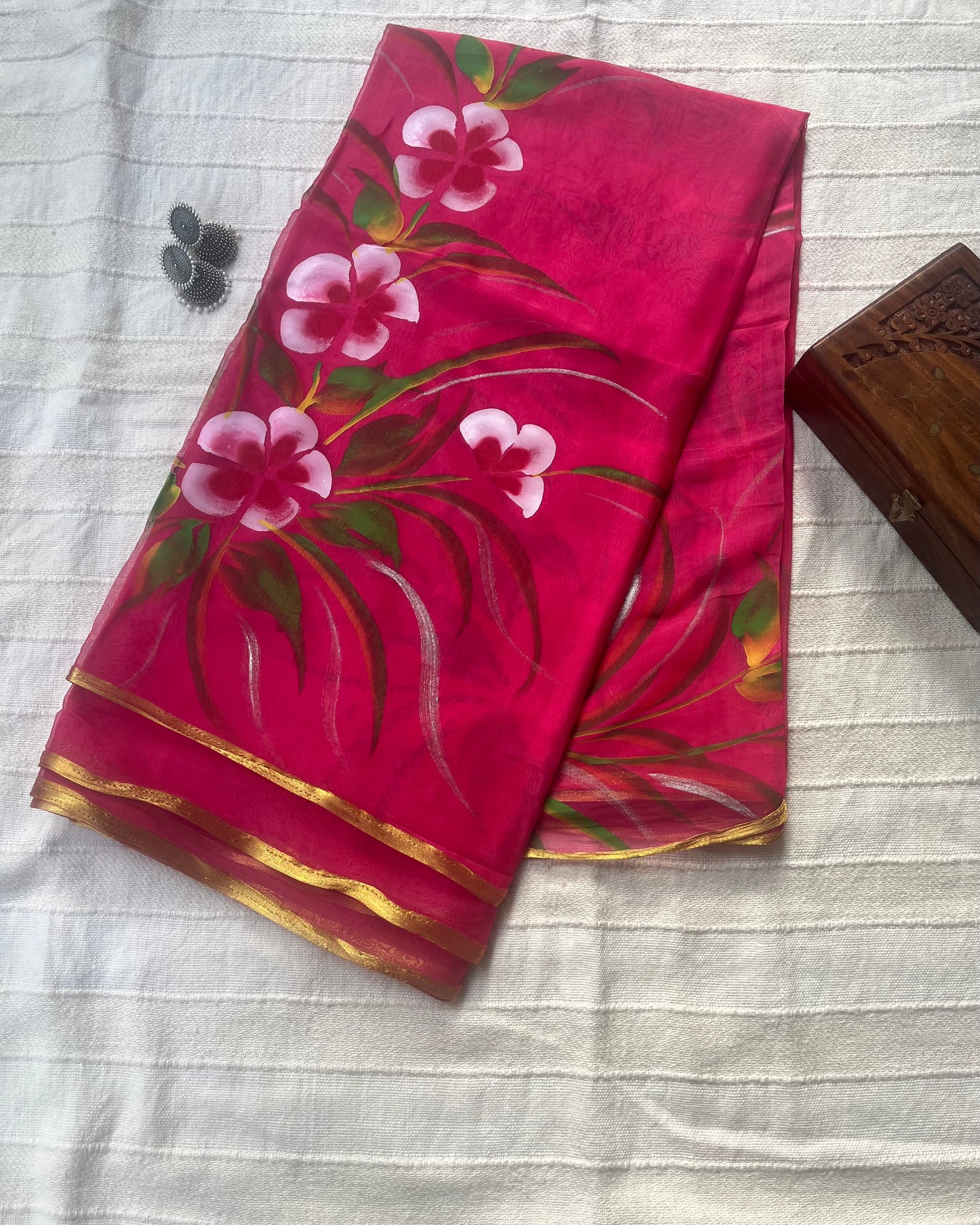 Hand-painted Chiffon Saree - Rani Pink