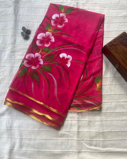 Hand-painted Chiffon Saree - Rani Pink