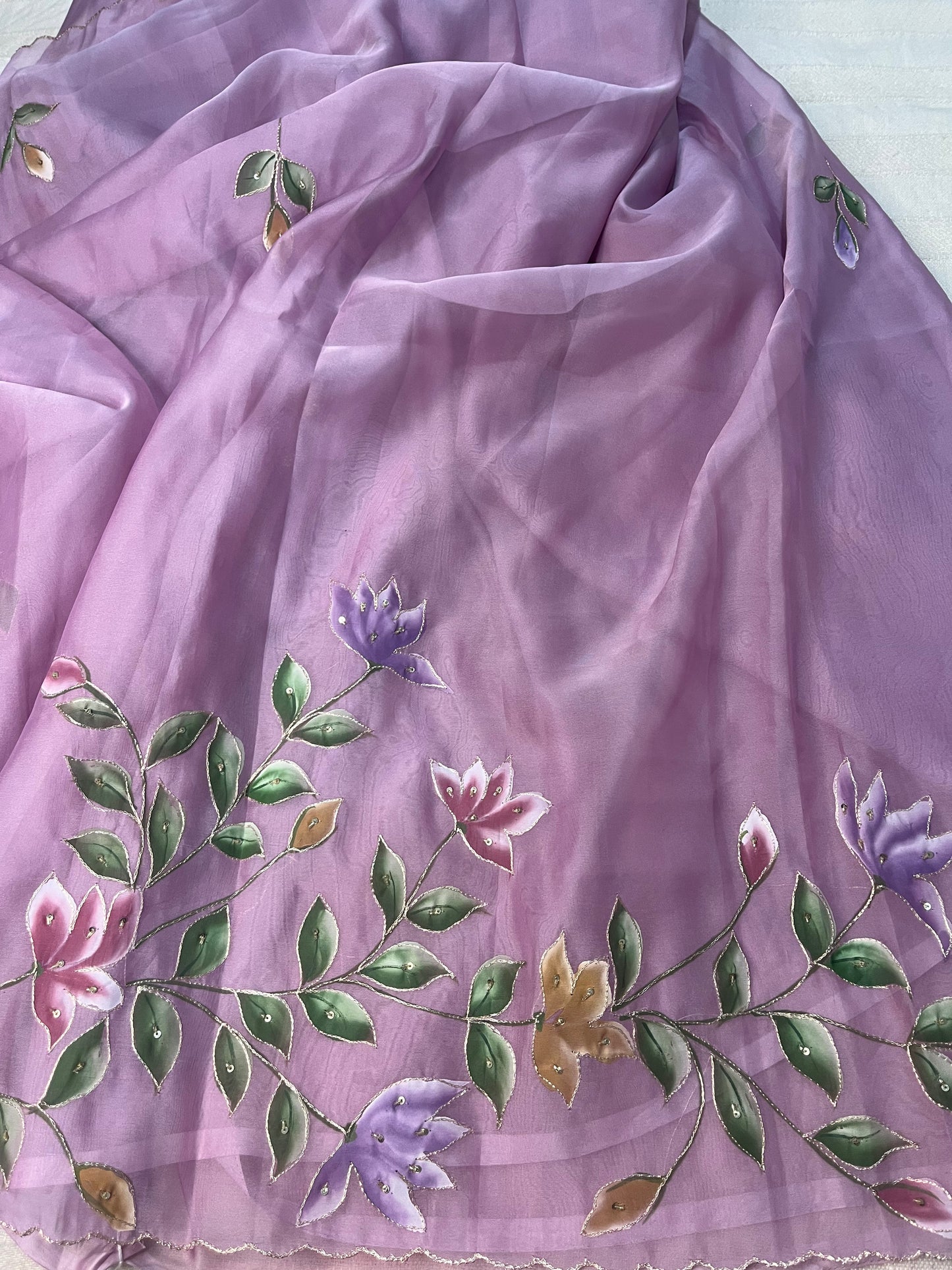 Crepe Organza Handpainted Saree with Embroidery- Lavender