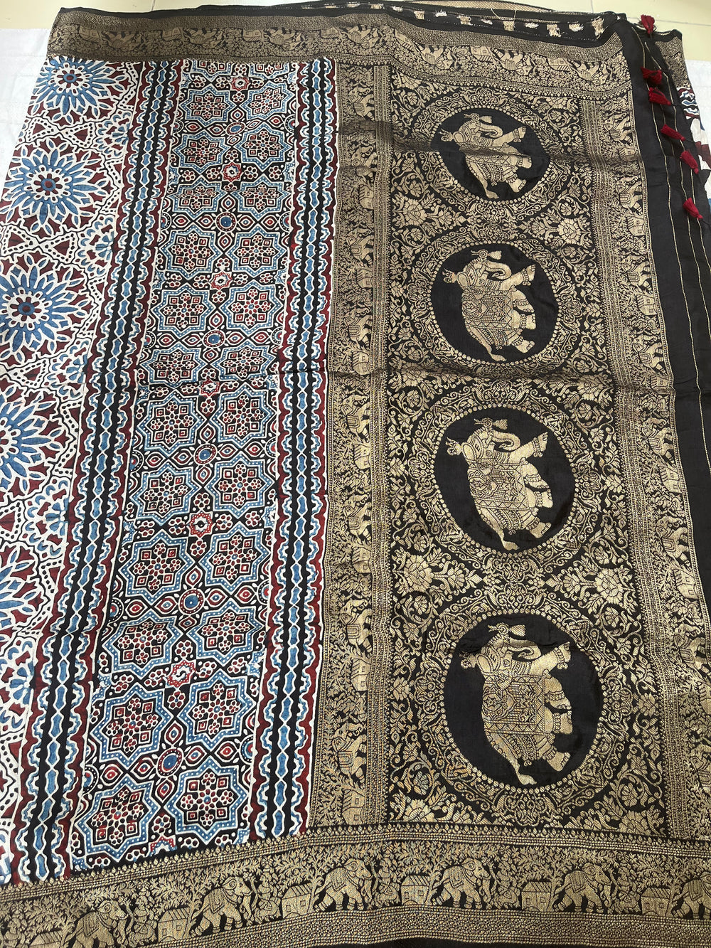 Ajrakh Dola Silk Saree - Black Geometric Pattern (with tassels)