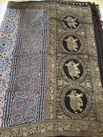 Ajrakh Dola Silk Saree - Black Geometric Pattern (with tassels)