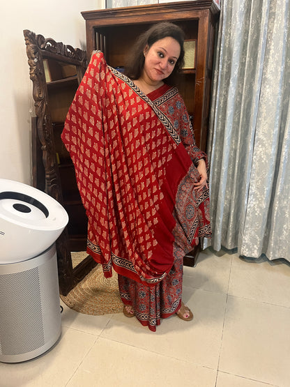 Ajrakh Modal Silk Saree - Classic Red