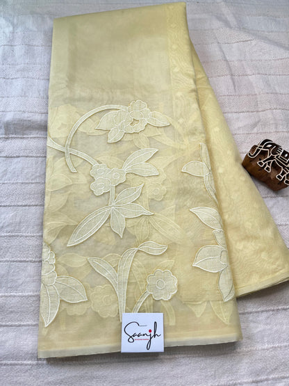 Pure Organza Applique Work Saree - Lemon