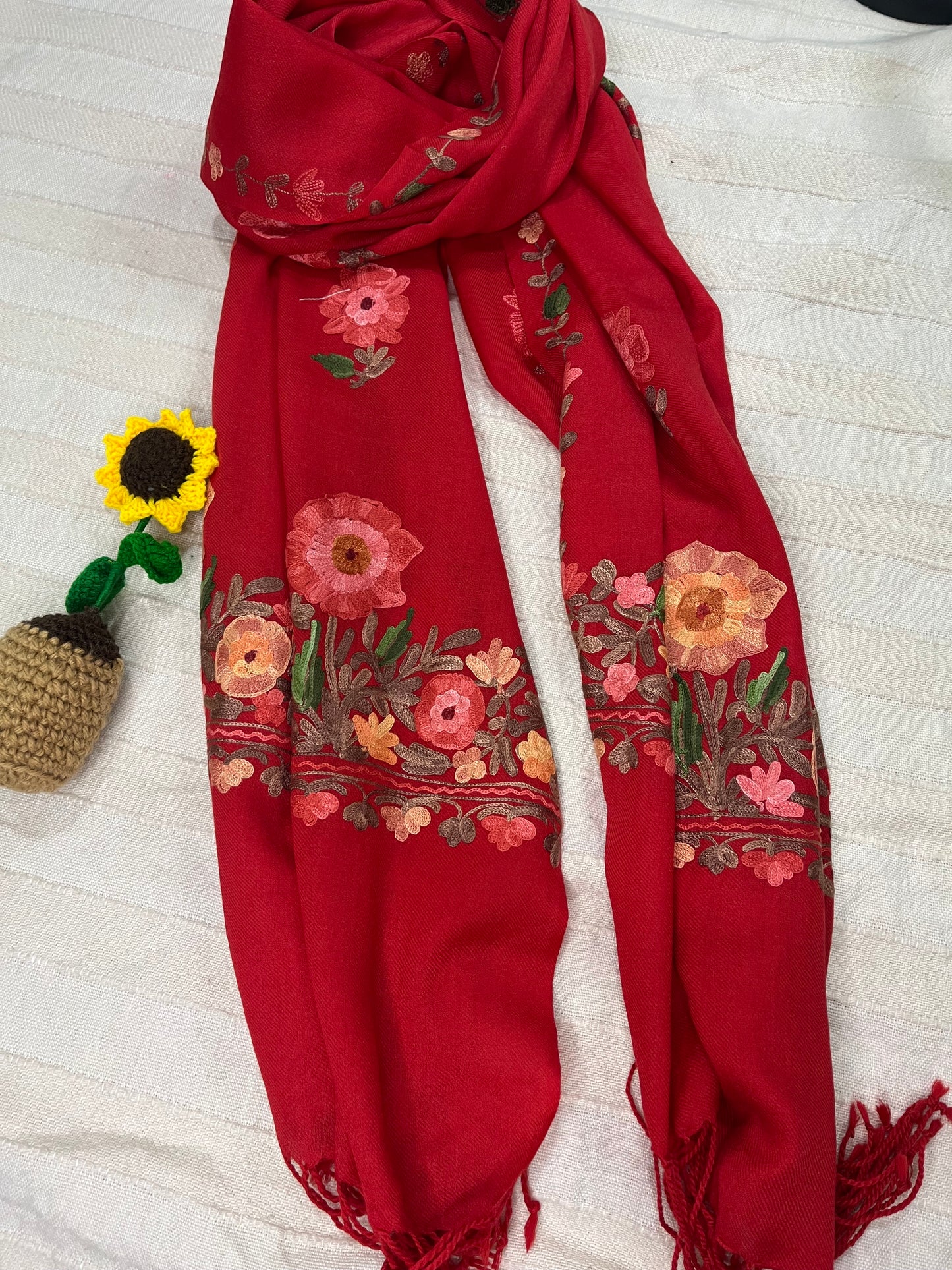 Kashmiri Aariwork Poly Wool Stole - Red