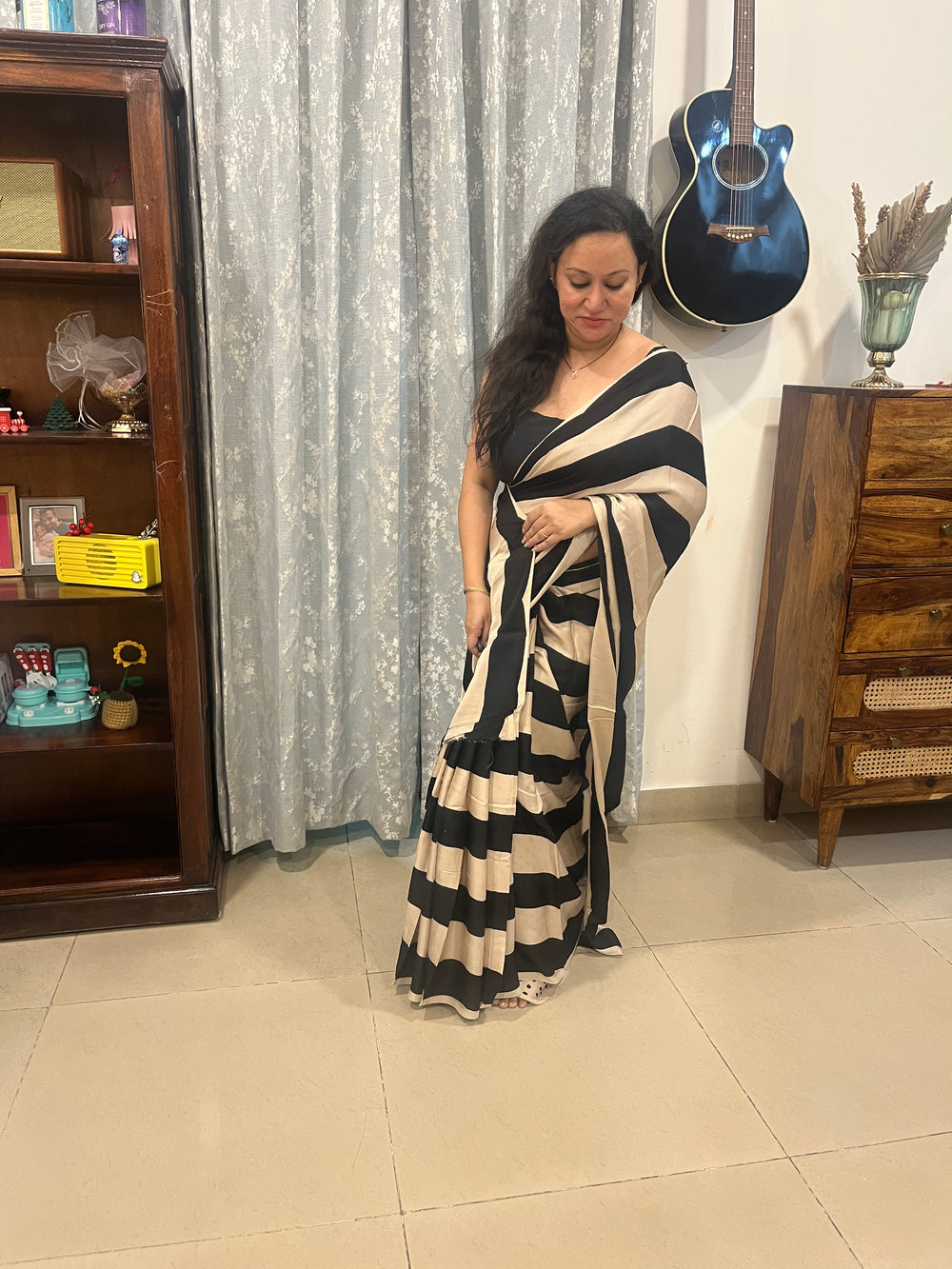 Contemporary Ajrakh Modal Silk Saree - Black Stripes