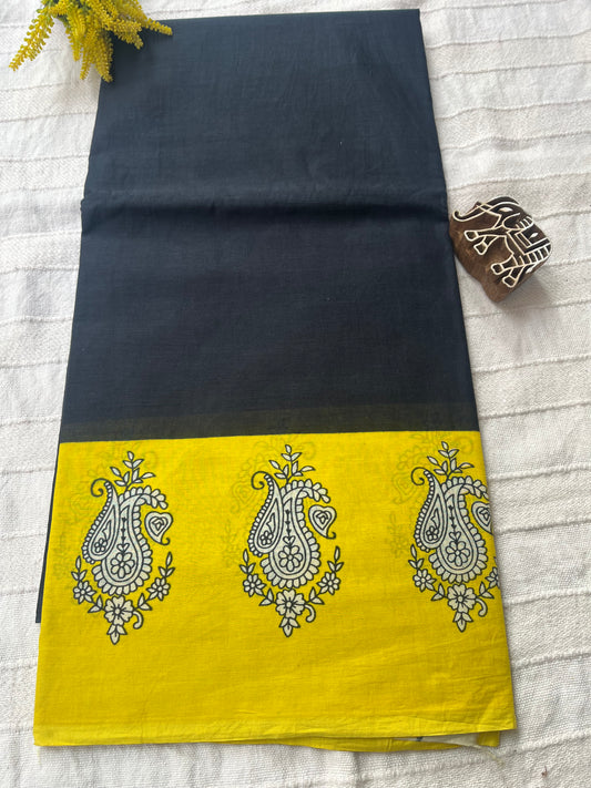 Handblock Mul Cotton Saree - Black & Yellow