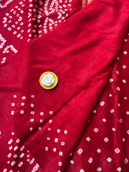 Bandhani Modal Silk saree with Tissue Palla - Red with White Dot Bandhej