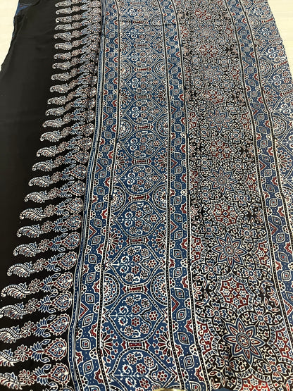 Ajrakh Modal Silk Saree - Indigo Lotus Motifs