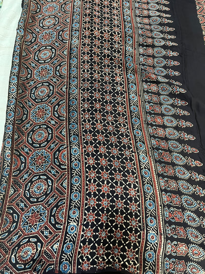 Ajrakh Modal Silk Saree - Black Badam Block