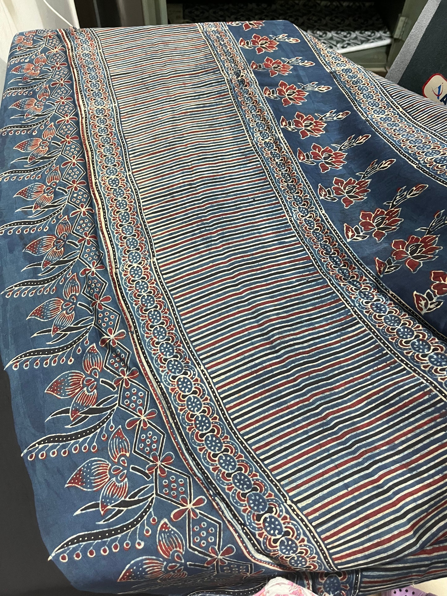 Ajrakh Modal Silk Saree - Indigo Buttis