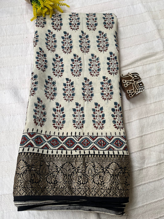 Ajrakh Dola Silk Saree - Pearl White (with tassels)