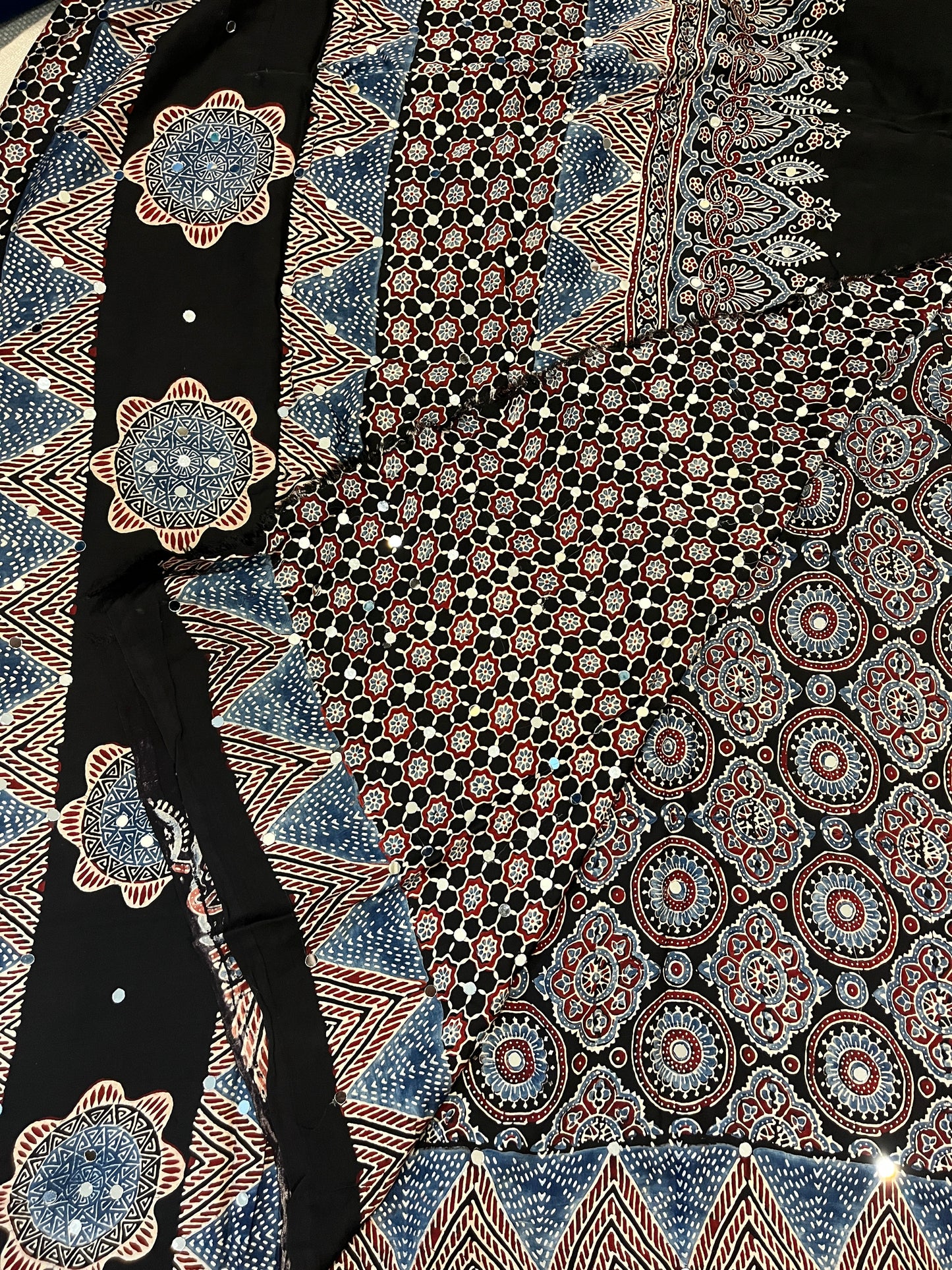 Ajrakh Modal Silk Saree with Mirror Work - Black