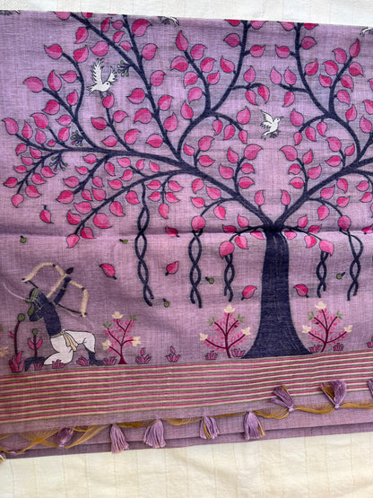 Chanderi Cotton Jamdani Saree - Lavender Shikargah