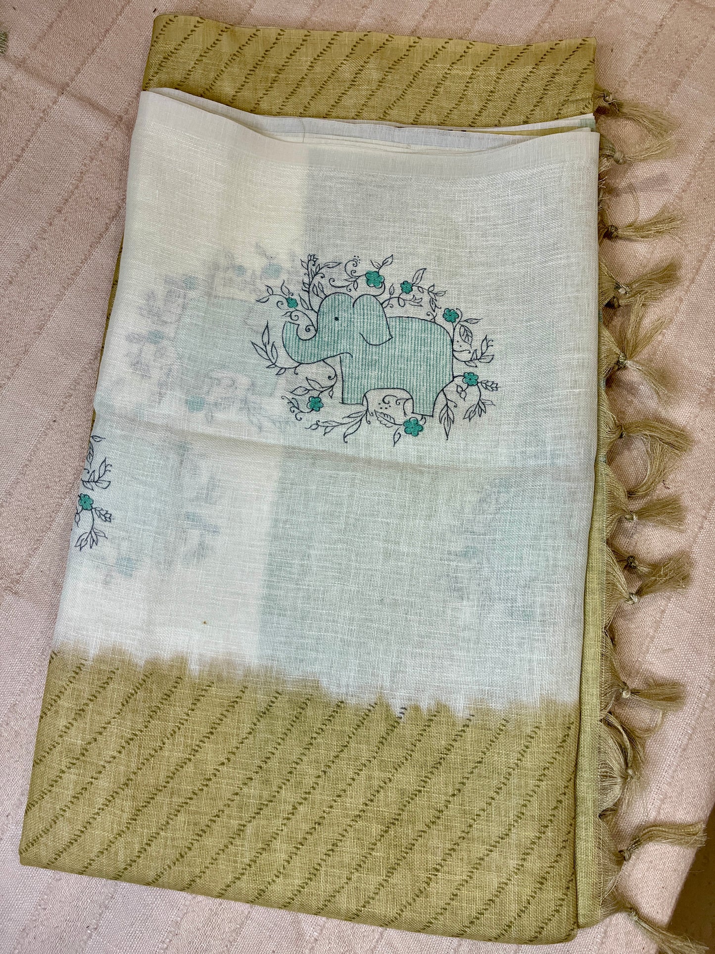 Quirky Linen Cotton Saree - Mehendi Green Elephants