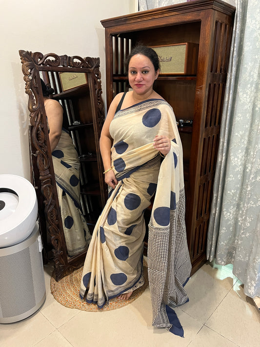 ‘Bindi Tales’ Handblock Mul Cotton Saree - Grey on Off-white
