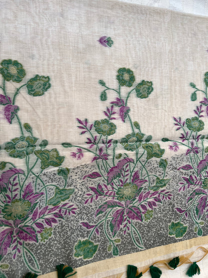 Chanderi Cotton Jamdani Saree - Ivory Flower Weaving