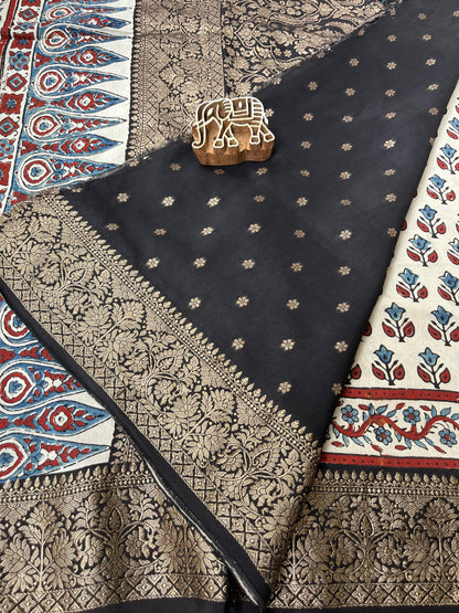 Ajrakh Dola Silk Saree - Pearl White Buttis (with tassels)