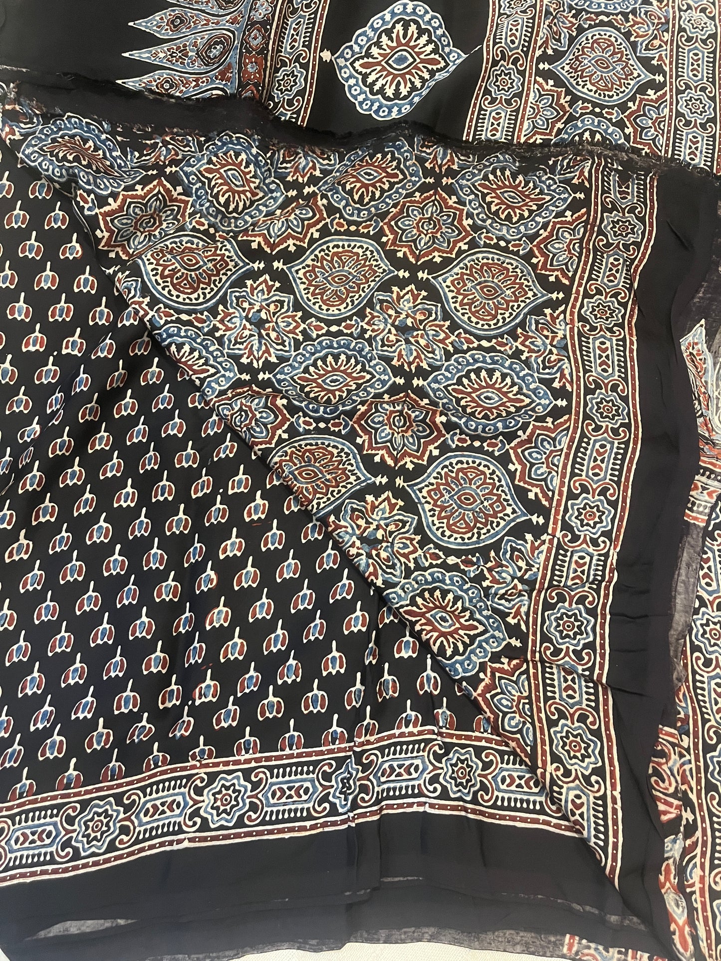 Ajrakh Modal Silk Saree - Black Lotus Motifs