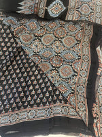Ajrakh Modal Silk Saree - Black Lotus Motifs