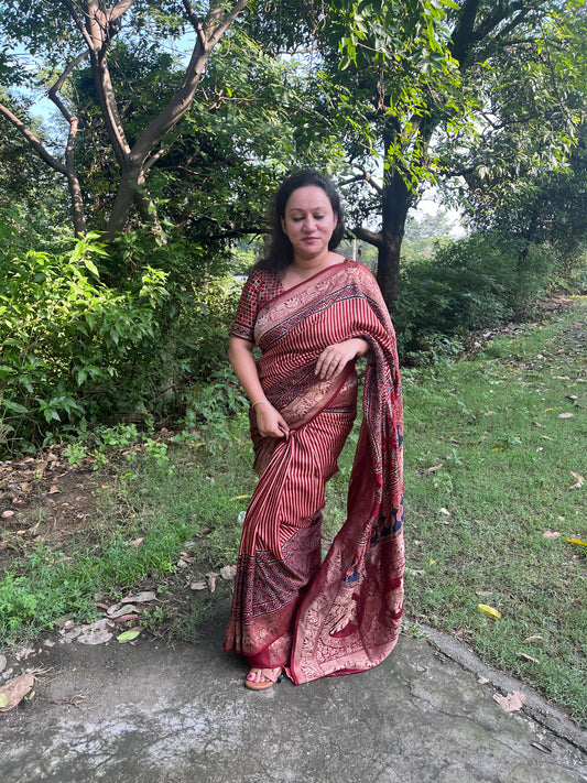 Ajrakh Dola Silk Saree - Contemporary Deep Red Stripes (with tassels)