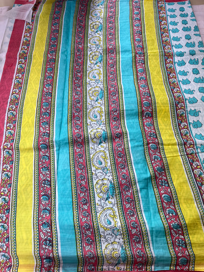 Quirky Elephant Print Saree - Aqua and Coral