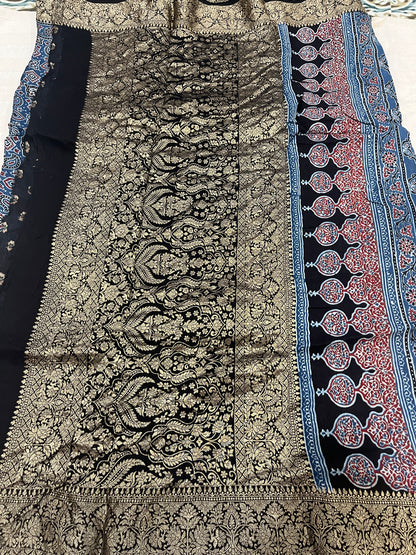 Ajrakh Dola Silk Saree - Indigo