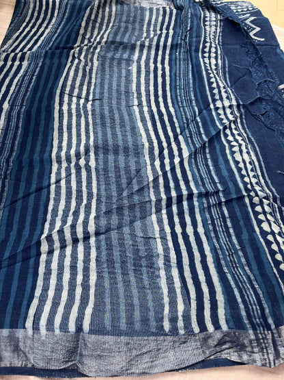 Indigo Handblock Linen Cotton Saree