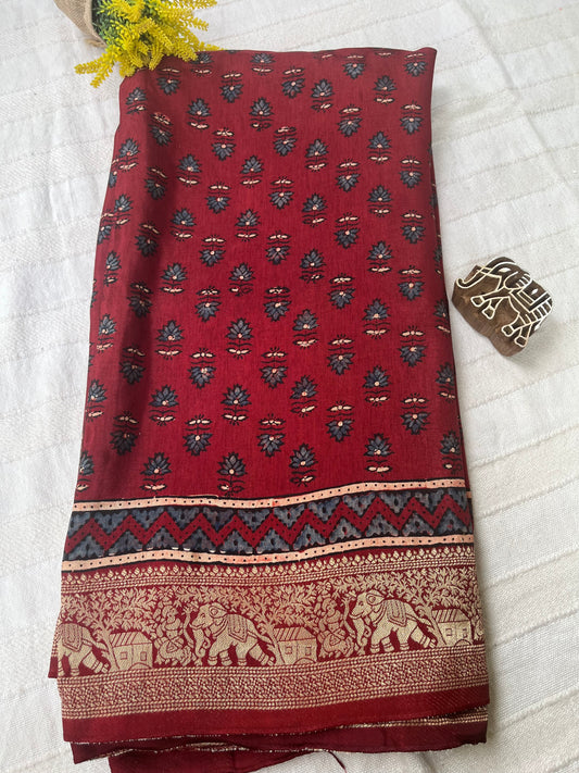 Ajrakh Dola Silk Saree - Deep Red Flower Buttis (with tassels)
