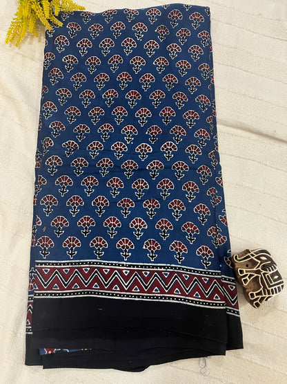 Ajrakh Modal Silk Saree - Indigo Flower Buttis