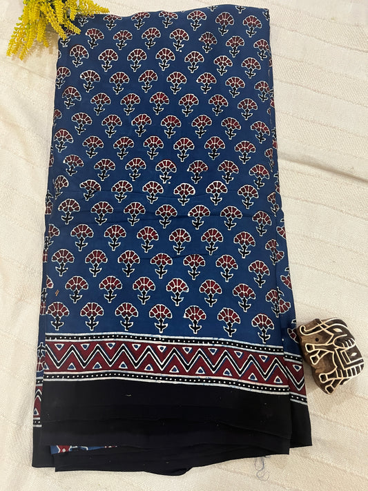 Ajrakh Modal Silk Saree - Indigo Flower Buttis