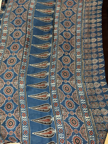 Classic Ajrakh Modal Silk Saree - Red with Indigo Palla (with tassels)