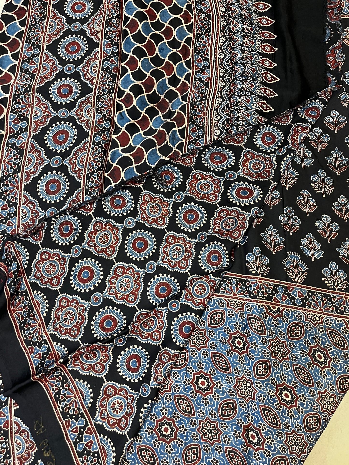 Ajrakh Modal Silk Saree - Black Flower Motifs