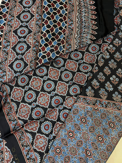 Ajrakh Modal Silk Saree - Black Flower Motifs