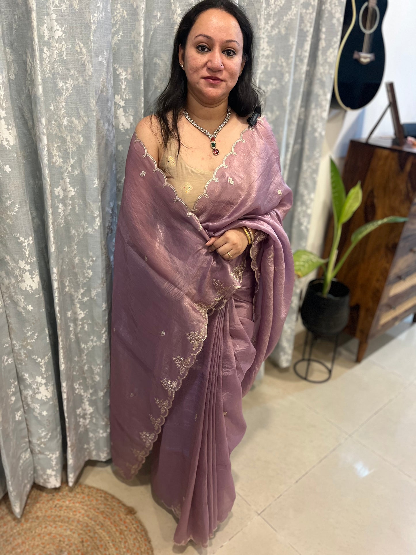 Pitta Work Crepe Tissue Saree - Lavender