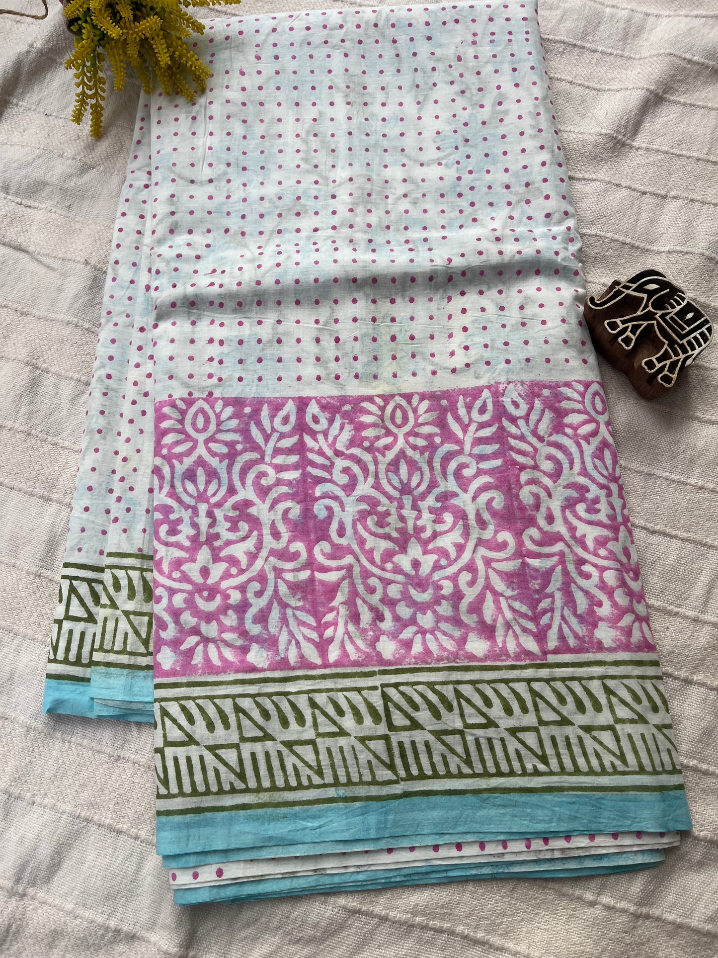 Bagru Handblock Mul Cotton Saree - Half & Half