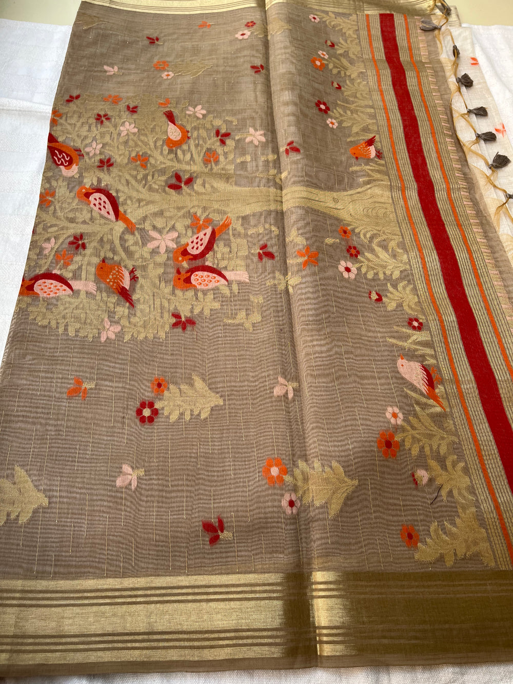 Chanderi Cotton Jamdani Saree - Ivory-Brown Bageecha